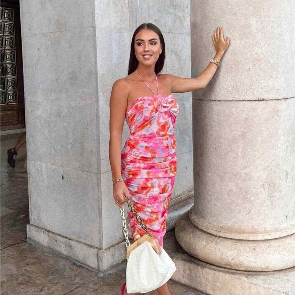 ZARA BLOGGER’S FAVOURITE PRINTED TULLE HALTED DRESS PINK SIZE M
